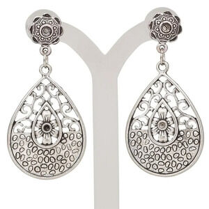 Antique Silver Plated Fancy Teardrop Geometric Designs Flowers Dangle Earrings